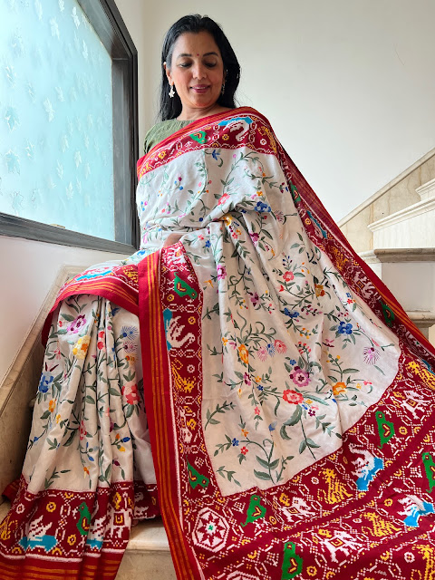 Intricate Elegance: The Tale of Double Ikat Patan Patola Saree with Hand-Embroidered Parsi Gara