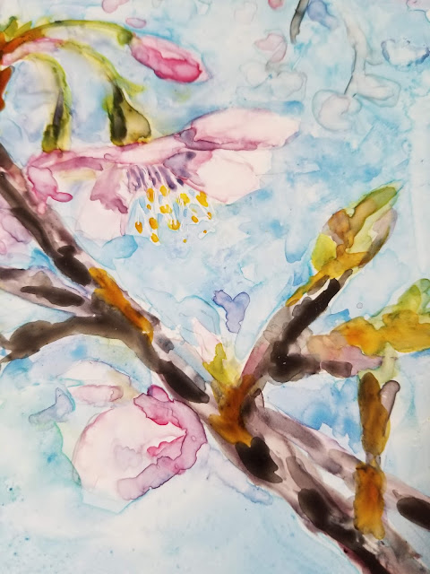 Cherry blossoms watercolor on Yupo paper.