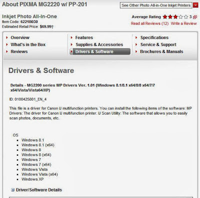 page to download the drivers from Canon MG2220