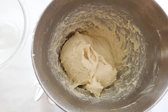 sticky mixed dough in mixer bowl