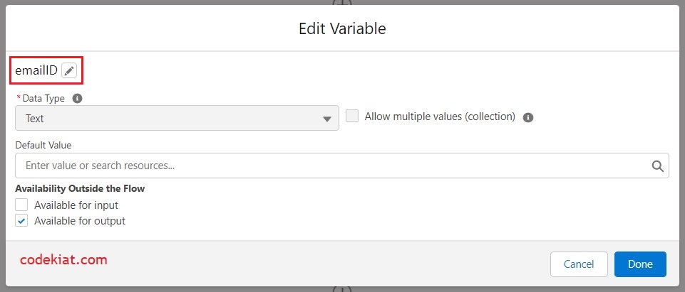 Output variables in the screen flow