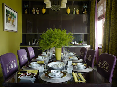 Cozy Dining Space in Moscow Apartment with Brown Table White Lamps, Black Counter and Purple Chairs