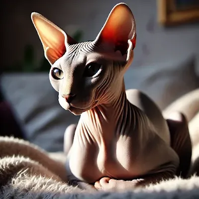 The Peterbald cat is an extraordinary breed, easily recognized by its hairless body and smooth, often wrinkled skin. With its long, slender limbs, large ears, and striking almond-shaped eyes, the Peterbald exudes elegance and uniqueness. Originating in Russia, this breed is known for its affectionate and social personality, often forming strong bonds with its human companions. Despite its lack of fur, the Peterbald is warm and friendly, with a temperament as gentle as its appearance is exotic. Perfect for those seeking a loyal, loving companion with an intriguing, unconventional look.