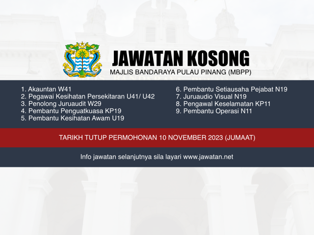 Jawatan Kosong Majlis Bandaraya Pulau Pinang (MBPP) November 2023