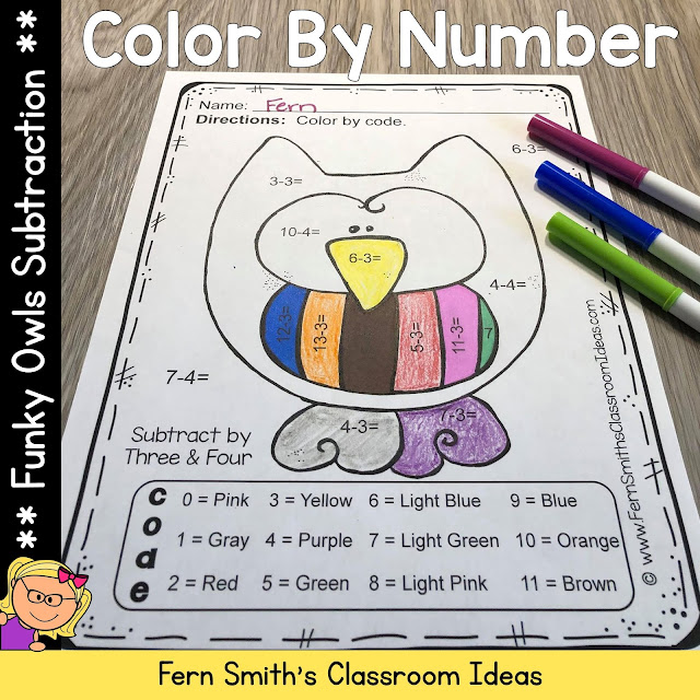 Funky Owl Color By Number Subtraction