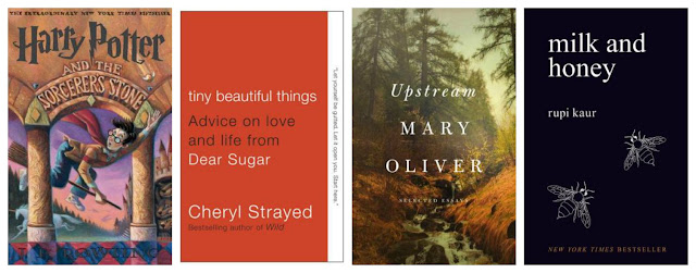 book covers of harry potter, tiny beautiful things, upstream, and milk and honey