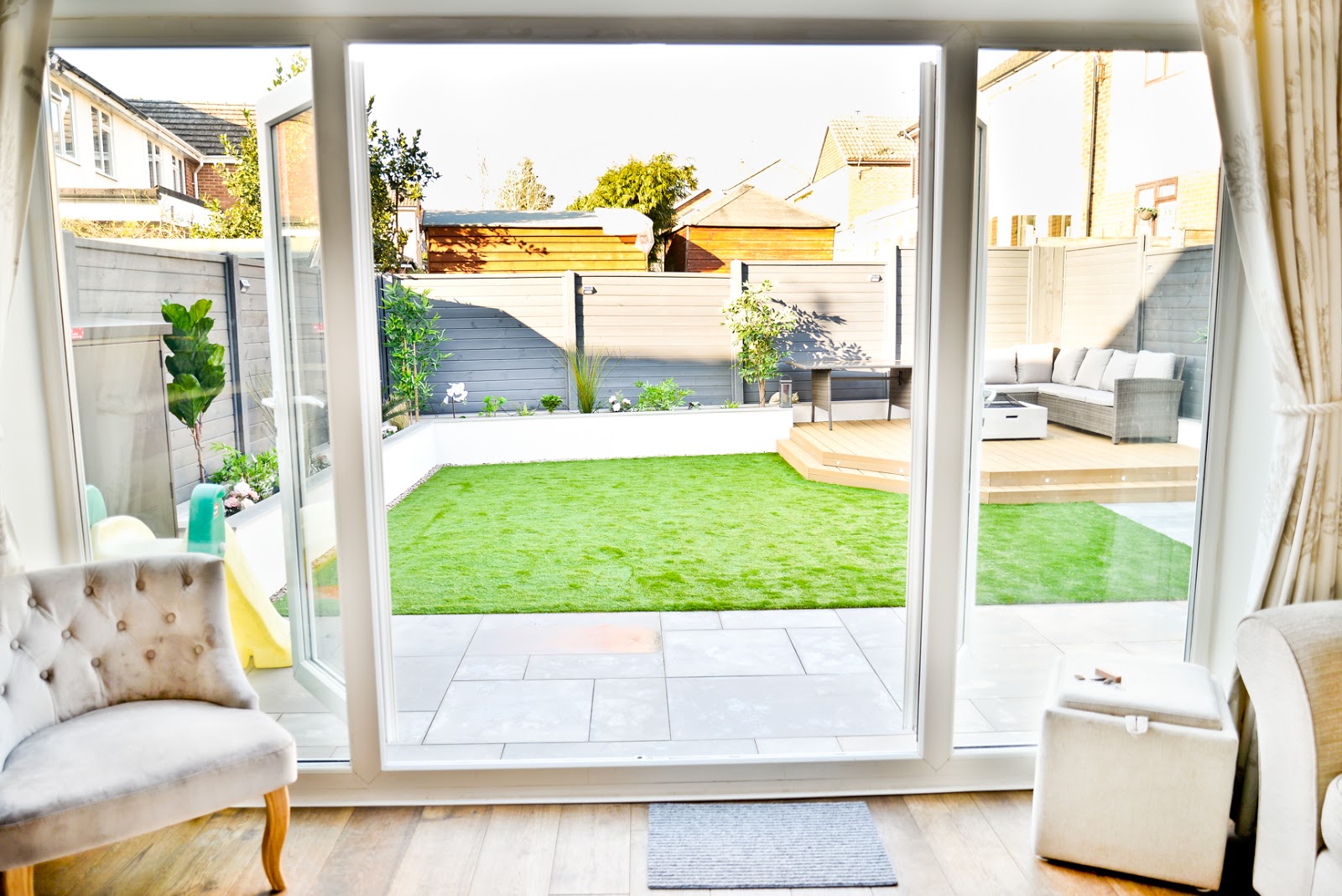 Modern back garden makeover, before and after garden makeover, composite decking, landscaped garden, modern gardens, artificial grass,