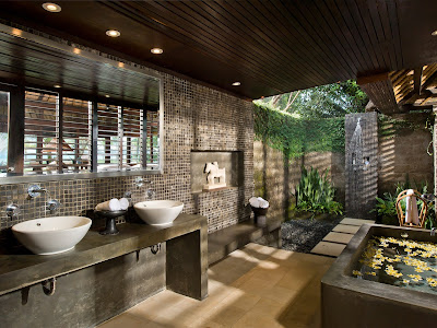 outdoor shower, frangipani, bathtub, balinese style, bali