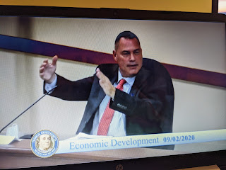 Councilor Brian Chandler new member of the EDC gestures in asking a question