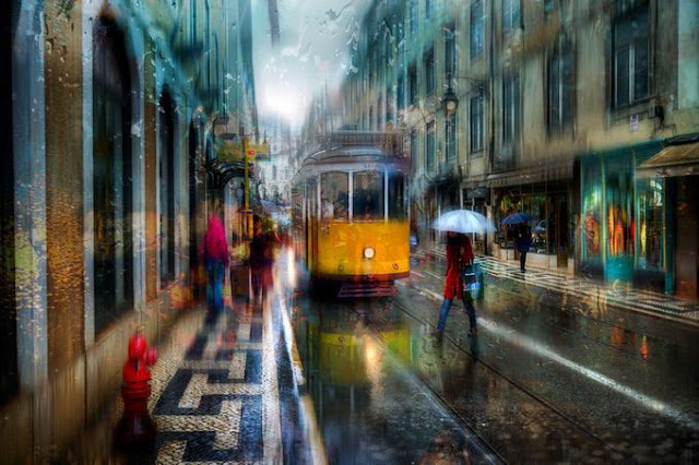 acrylic paintings of rainy cityscapes