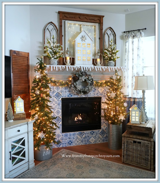 Winter -Fireplace- Mantel -Design-French Farmhouse-Blue & White-Decor-Cottage-Style-Farmhouse-Style-French Country--From My Front Porch To Yours