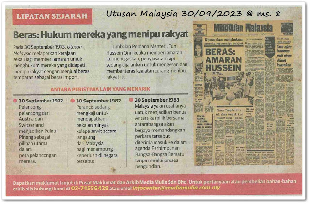 Lipatan sejarah 30 September - Keratan akhbar Utusan Malaysia 30 September 2023