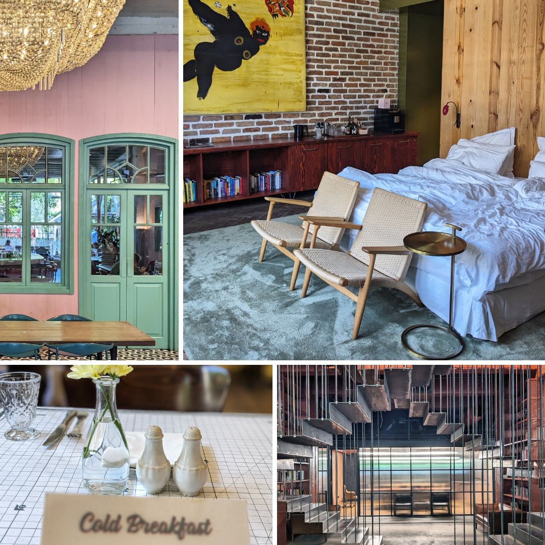 montage of images showcasing the interiors and bedrooms of Stamba Hotel in Tbilisi, Georgia