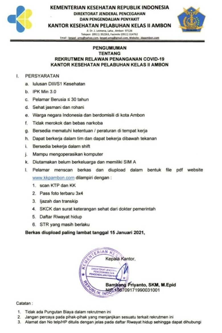 Rekrutmen Kantor Kesehatan Pelabuhan Ambon - Lowongan Kerja BUMN Bulan