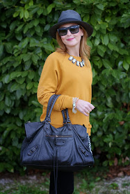 outfits, mustard sweatshirt, balenciaga work bag, ecua-andino panama hat, black panama hat, fashion and cookies, fashion blogger