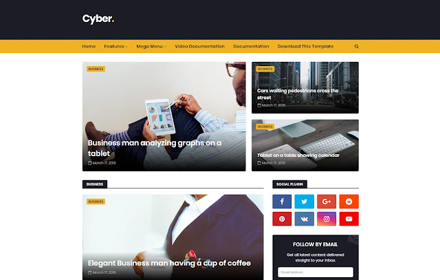 Cyber Responsive Magazine News Tech Tutorial Tips & Trick Life Hacks Blogger Template Theme