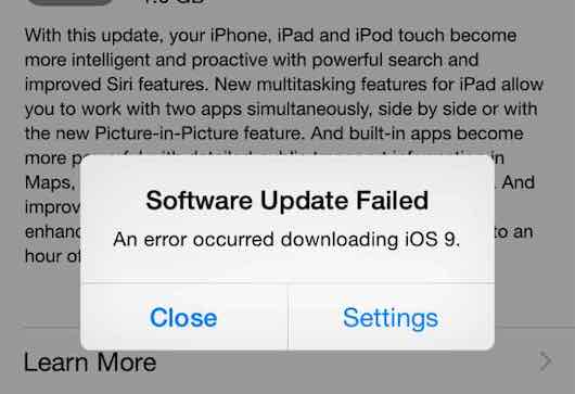  Error Software Update Failed di iOS 9