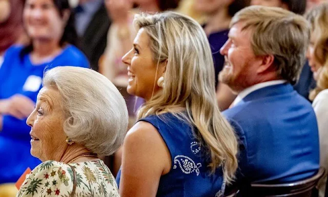 Queen Maxima wore a new Josie piqué cotton and stencil pattern sleeveless dress by Natan. King Willem-Alexander and Princess Beatrix