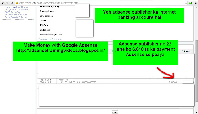 22 June 2015 ko Adsense publisher ko 6,640 rs ka payment mila-Google adsense payment proof