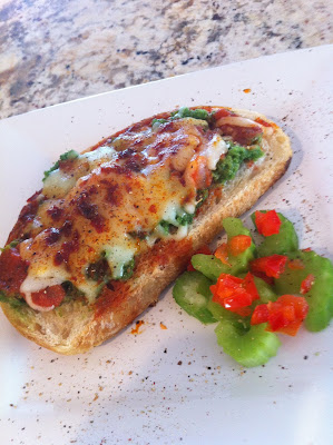 Celery Puree on Toast with marinara, mozzarella and chile oil