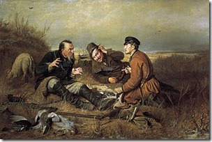 А вот охотники на привале общаются (В.Г. Перов. "Охотники на привале")