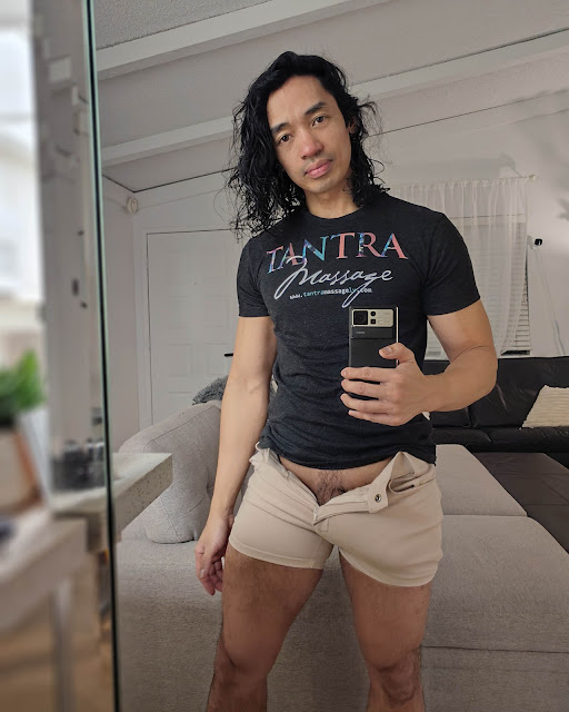 Jax Solomon, Premier Sensual Massage Provider at Tantra Massage Las Vegas, takes a selfie at his location while waiting for a client.