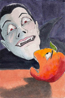 silly funny illustrated watercolor jokes kids vampire neck nectarine fruit bite peach Ky Betts Sketches for Nora