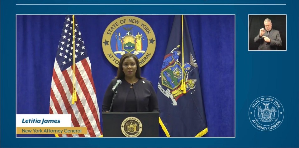 NY Attorney General James at the Press Conference Announcing the Lawsuit. Facebook Screenshot. January 14, 2021.