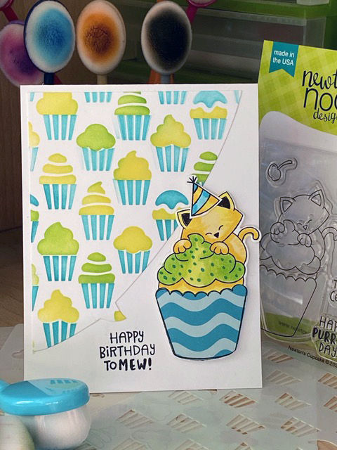 Happy birthday to mew by Sue features Newton's Cupcake, Cupcake, and Speech Bubbles by Newton's Nook Designs; #inkypaws, #newtonsnook, #cardmaking, #catcards, #birthdaycards