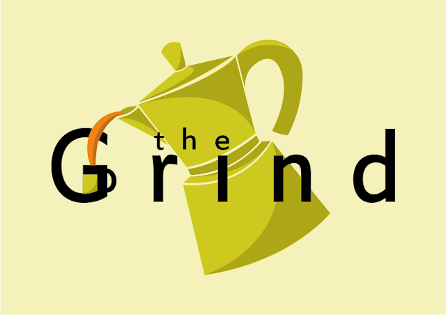 Image description: the words The Grind with a green coffee pot behind, pouring coffee on a cup that is fused with the letter G. End description