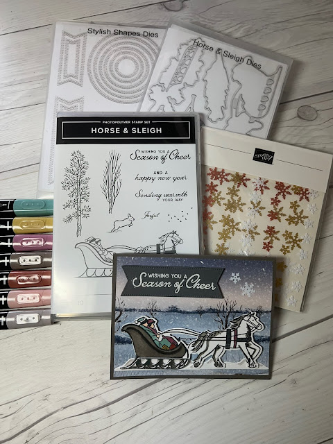 Blends, Stamp Set and Dies from the Stampin' Up! Hores & Sleigh Bundle used to create holiday cards
