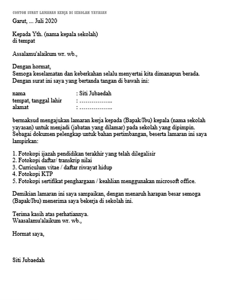 contoh surat lamaran kerja di sekolah yayasan