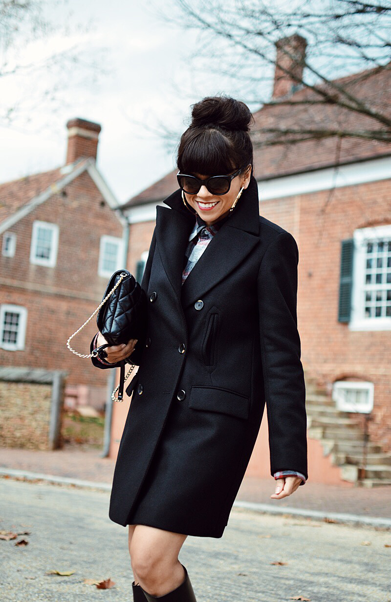 Black peacoat street style 