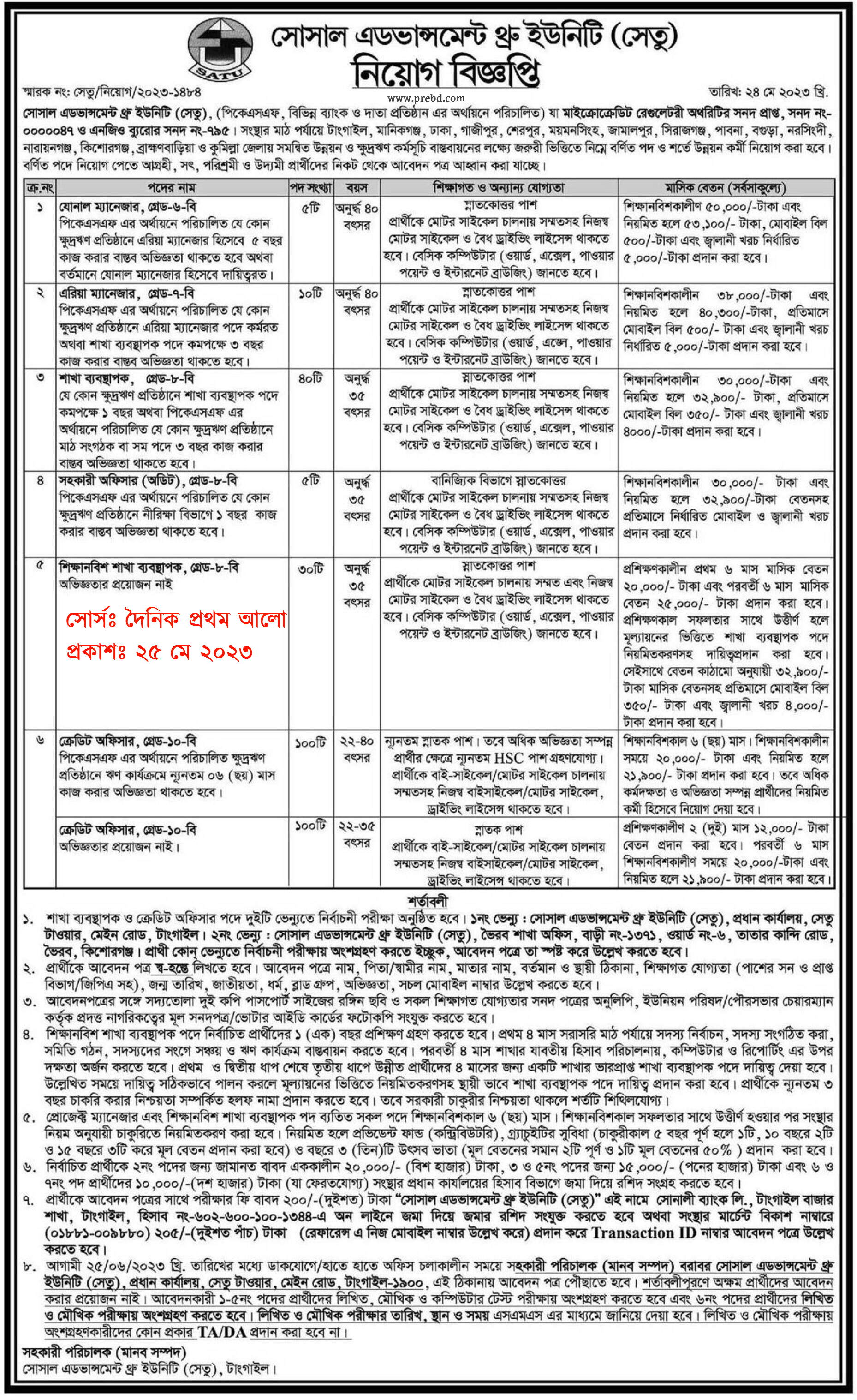 Social Advancement Through Unity (SATU) Job Circular 2023