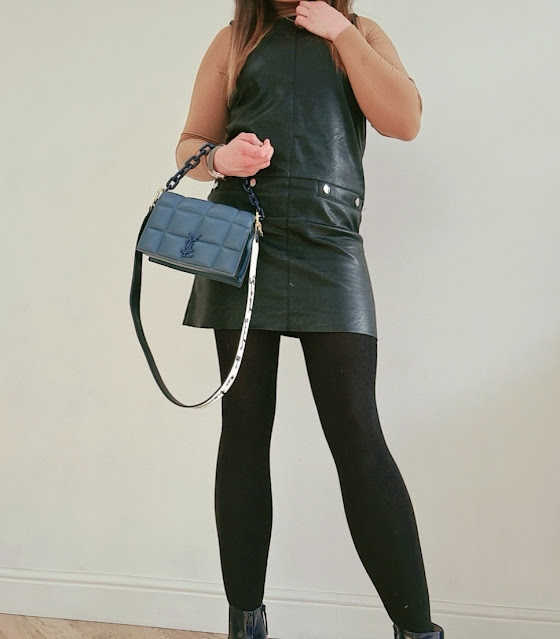 Ootd fashion for mums leather pinafore dress patent ankle boots rollneck quilted YSL bag winter spring outfits