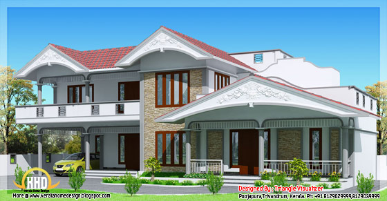 Sloped roof house in Kerala style side view - 2990 Sq. Ft. - May 2012