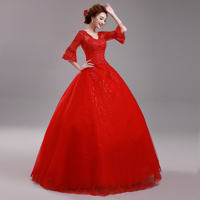 Crystal-Sequined-Lace-with-half-sleeves-ball-gown-Red-Weddin-Dress