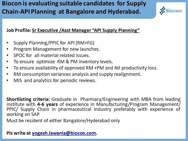 Biocon | Recruitment for Pharmacy / Engineering Graduates with MBA @ Hyderabad & Vizag 