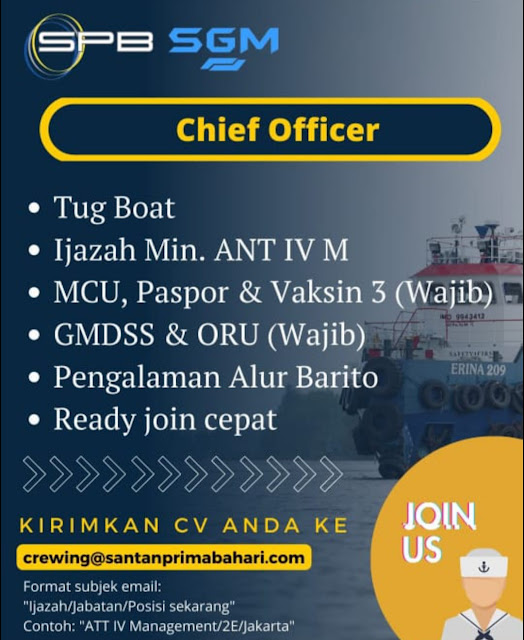 Job Seafarer Chief Officer Kapal Tugboat 2023