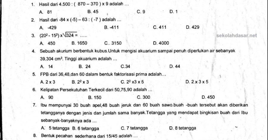 Soal Uas Matematika Kelas 6 K 13 Dan Kunci Jawabannya Sekolahdasar Net