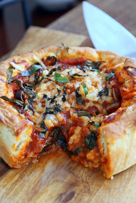 Vegan Deep Dish Pizza Recipe. Easy Deep Dish Pizza with from scratch Crust, red pepper, spinach, vegan mozzarella and basil. Vegan Pizza Recipe with Almost No Knead 20 minute Crust.. Makes 1 tall 8 ot 9 inch tall cake pan, preferably Springform pan.