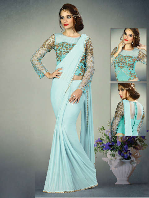 blue designer partywear saree online shopping with free shipping