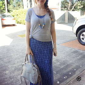 awayfromblue instagram grey tee knotted over a blue printed maxi dress with rebecca minkoff MAM bag