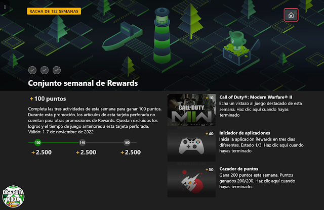 Conjunto semanal de Rewards: 100 puntos (132 Semanas completadas)