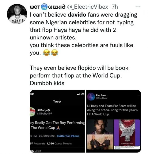 Wizkid FC is overjoyed after the FIFA World Cup (2022) replaced Davido's song with Lil Baby's.