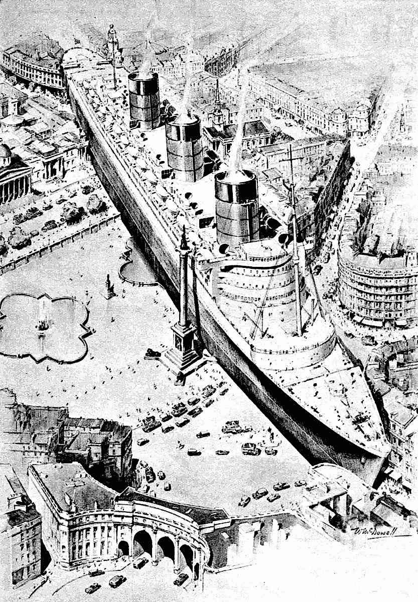 a size comparison illustration of the Queen Mary,  1930s?