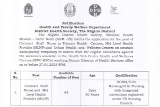 Nilgiris DHS Recruitment 2023 63 Staff Nurse Posts
