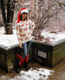Urban Outfitters Christmas Reindeer Cozy Sweater, Express Tuxedo Jeans, Santa Hat, Nice Naughty Novelty Socks, Vintage Purse Fashion, style Toronto, Canada, Santa Hat, Candy Cane, Boots, Jingle Bell earrings, Sunglasses, Ice Storm