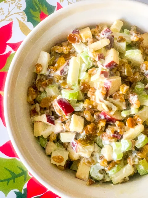 The Waldorf Salad recipe is straightforward and delicious and can be made with ingredients from your pantry.  It is ready in 15 minutes and easy for family gatherings or potlucks.