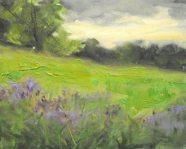 purple flowers field oil painting